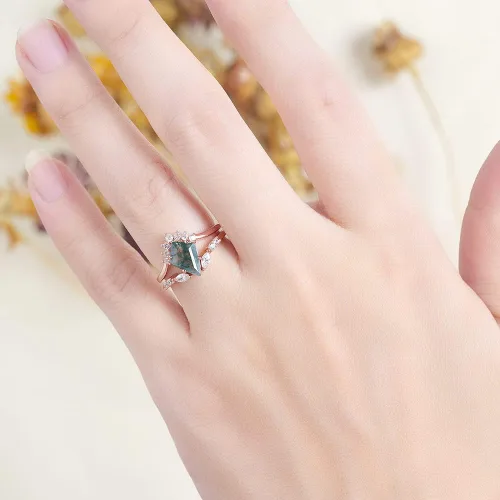 Miniatura 5 de Anillo de plata de ley 925 con piedra preciosa de musgo natural para mujer, corte de cometa, juego de anillos de compromiso de plata 925, Plata