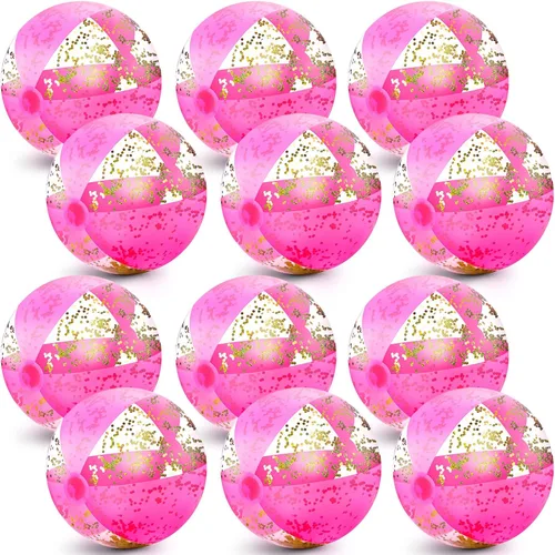 Chivao 12 bolas de playa de color rosa intenso de 16 pulgadas inflables con purpurina grande para piscina, decoración de confeti flotante para