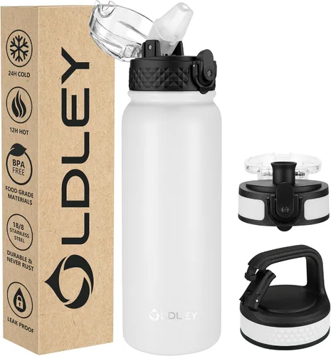 Miniatura 41 de Botella de agua aislada Oldley de 12 oz con pajita, botella de agua de acero inoxidable con 2 tapas, botellas de doble pared con vacío para adultos