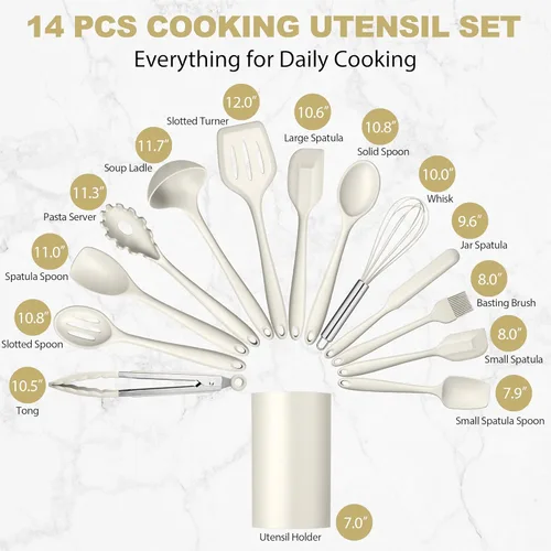 Miniatura 2 de LIANYU Juego de 14 utensilios de cocina con soporte, juego de utensilios de cocina de silicona, incluye espátula, cuchara, pinzas para voltear