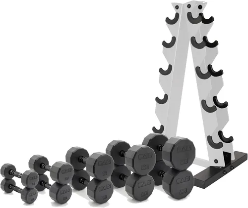 Miniatura 52 de CAP Barbell Juego de mancuernas hexagonales recubiertas de 150 libras con estante vertical Múltiples opciones Estante azul