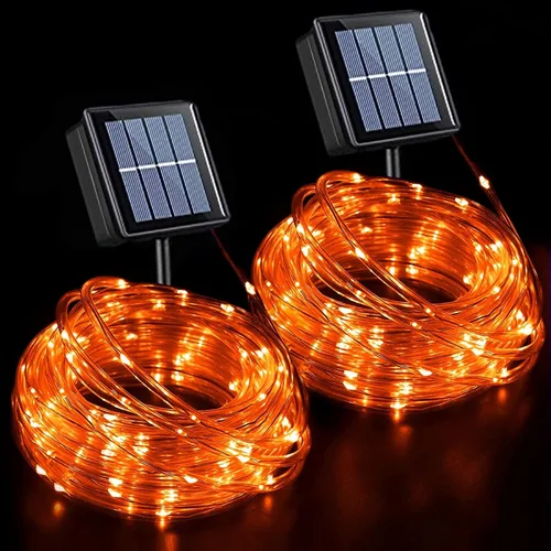 Miniatura 10 de QITONG Paquete de 2 luces solares verdes, cada cadena de 100 luces LED de 33 pies para exteriores, 8 modos de luces de hadas en tubo de PVC