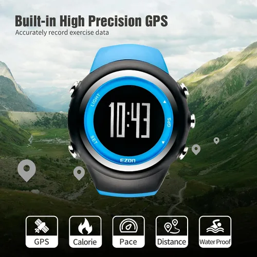 Miniatura 2 de EZON Reloj GPS para correr con alarma de ritmo de distancia, contador de calorías y cronómetro para hombres (azul)