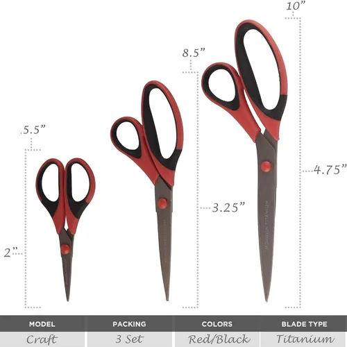 Miniatura 2 de BambooMN Juego de tijeras de titanio Softgrip para costura, arte, manualidades, oficina, 1 juego de 3 unidades, rojo con incrustaciones negras 3