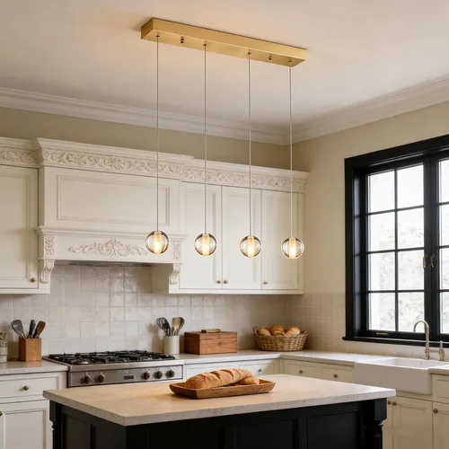 Miniatura 8 de Lámparas colgantes de oro cepillado de 4 luces para isla de cocina moderna, lámparas colgantes de globo de cristal para comedor sobre mesa, lámparas