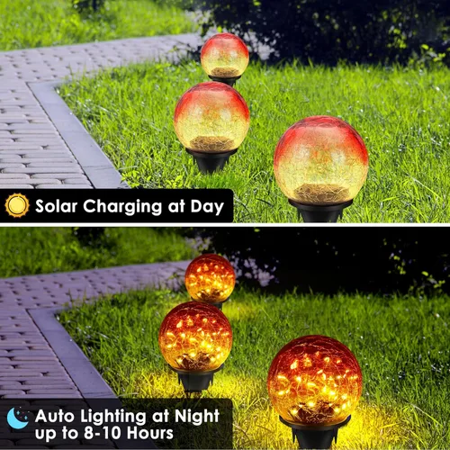 Miniatura 5 de 2 Pack 60 LED Luces solares de jardín para exterior, decorativas, luces de globo de vidrio agrietado con gradiente rojo, luces de bola impermeables