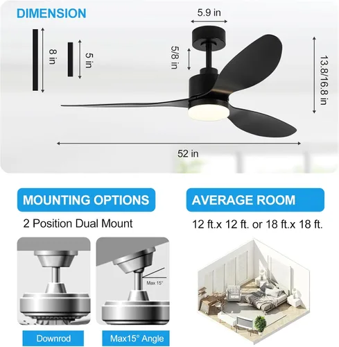 Miniatura 6 de Ventilador de techo de 52 pulgadas con luces y control remoto, motor CC silencioso, 3 aspas reversibles, 6 velocidades, ventilador de techo Negro