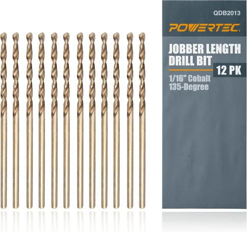 POWERTEC Brocas de cobalto de 1/16 pulgadas, paquete de 12 unidades, 1-3/4 pulgadas de longitud, brocas M35 HSS Jobber con punta de 135° para