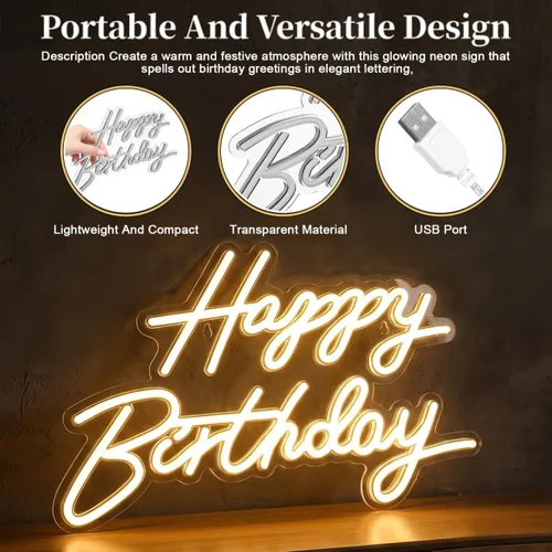 Miniatura 5 de Toddmomy Letrero de cumpleaños de neón de 17.51 x 10.23 pulgadas, alimentado por USB, letras LED iluminadas con luz blanca cálida para decoración