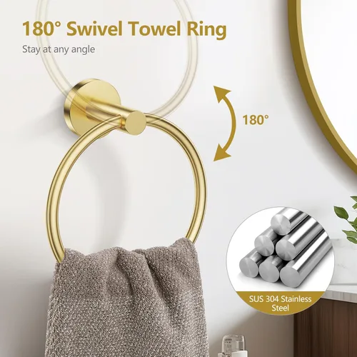 Miniatura 4 de TQKAG Juego de 5 piezas de accesorios de baño de oro cepillado 23.6" SUS304 Juego de toallero de baño de acero inoxidable Soporte de toalla de baño