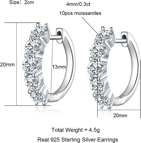 Miniatura 7 de AnuClub Aretes de aro de moissanita, 3 quilates de color D, aretes de aro de corte redondo, plata de ley 925 con certificado GRA