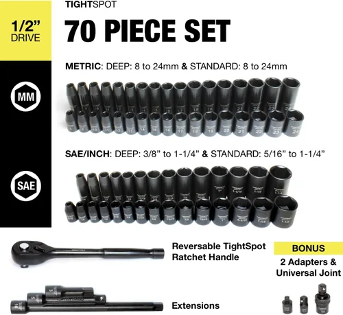 Miniatura 3 de TIGHTSPOT Juego maestro de llaves de impacto de 70 piezas con sistema SAE y métrico de 5/16 pulgadas a 1-1/4 pulgadas, 0.315 in - 0.945 in, enchufes