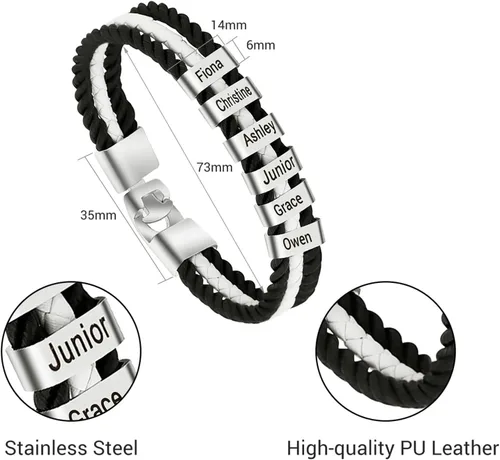 Miniatura 17 de Pulseras de cuero personalizadas para hombre con 1-6 nombres, pulsera trenzada personalizada con cuentas para papá, marido, día del padre, San