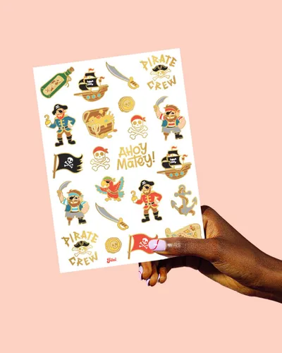 Miniatura 5 de xo, Fetti Suministros de fiesta pirata tatuajes temporales - 44 estilos de lámina dorada Cumpleaños náuticos, equipo de calavera, tesoro, barco