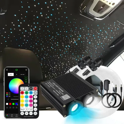 AKEPO Luces de fibra óptica RGBW de doble cabezal de 32 W, 860 piezas de fibras ópticas mixtas de 3 diámetros en 9.8 pies+kit de luz de cielo de