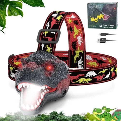 Miniatura 11 de Nitigo Linterna Frontal de Dinosaurio para Niños Linterna Paquete de 2, Linternas Frontales LED Recargables Modo Rugido y Silencioso, Juguetes