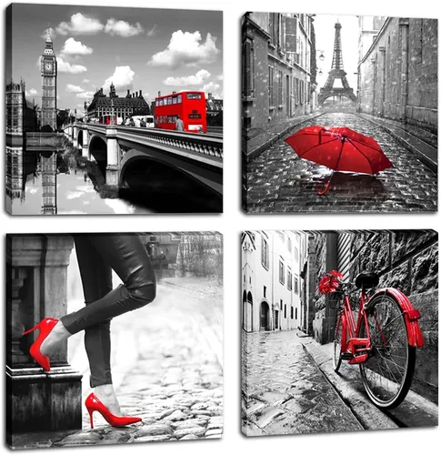 YMYXMC33 Lienzo de pared en blanco y negro con diseño de Torre Eiffel de París, 4 paneles, decoración de cuadros rojos, sala de estar, dormitorio,