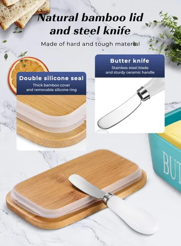 Miniatura 5 de Mantequillera con tapa: recipiente grande para mantequilla para encimera - soporte de mantequilla de cerámica para mostrador - bandeja de Verde