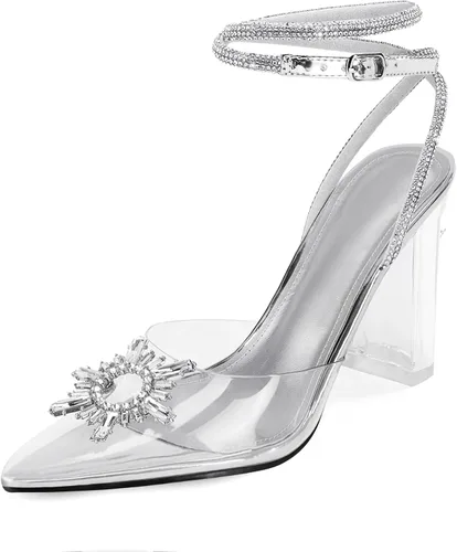 Coutgo Sandalias de tacón alto grueso con diamantes de imitación para mujer, tacón alto y grueso, zapatos de tacón alto para boda y fiesta