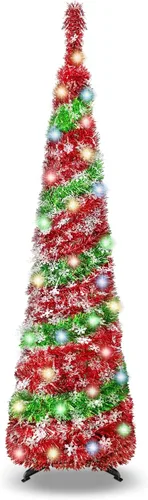 Miniatura 15 de BTU - Árbol de Navidad artificial plegable, 5 pies, 90 luces LED, escarcha, delgado, para el hogar, festividades, chimenea, fiestas, decoración
