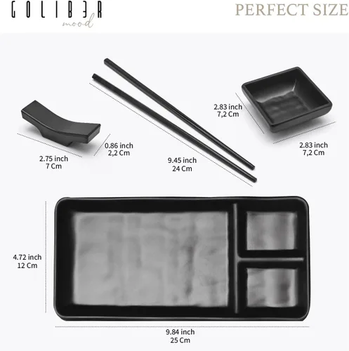 Miniatura 2 de Juego de servir de sushi, con 4 platos japoneses para servir sushi, 4 platos de salsa de soja, 4 pares de palillos y 4 soportes para palillos, juego