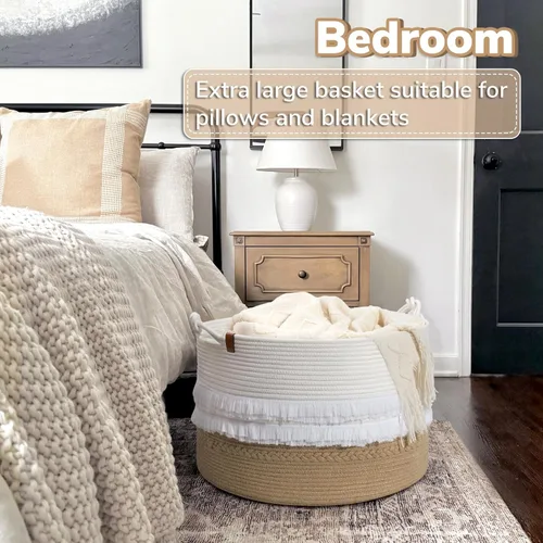 Miniatura 3 de CherryNow Cesta grande de mimbre para lavandería, entrada, dormitorio, cestas decorativas de yute para ropa, juguetes, cesta de toalla para baño, 22