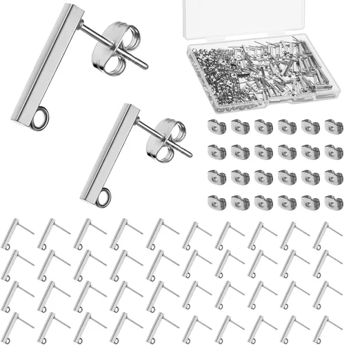 Miniatura 8 de Hinly 80 aretes de acero inoxidable con bucle, 80 piezas de barra de tuerca de oreja, poste perforado para hacer joyas de bricolaje, 2 tamaños Dorado