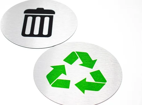 Letreros redondos de metal para basura y reciclaje de 5.5 pulgadas, juego de 2 marcadores de basura y reciclaje, letreros de aluminio plateado