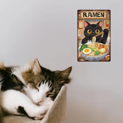 Miniatura 7 de GLOBLELAND Letrero de metal de ramen de gato negro de 12 x 8 pulgadas, letrero de decoración de gatitos y fideos, placa de metal de pared
