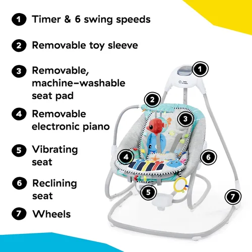 Miniatura 8 de Baby Einstein Explorers Kick to It - Columpio y balancín musical 4 en 1 para bebé, con juguete de piano extraíble, a partir de 0 meses Patada a ella