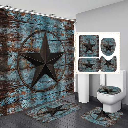 Juego de 4 cortinas de ducha estilo granja, estilo vintage, color azul granero, Texas Star Western Country rústico, decoración de baño, cortina de