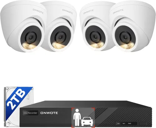 ONWOTE Sistema de cámara de seguridad PoE NVR de 8 canales, 4 cámaras IP con cable de 6 MP para exteriores, detección de vehículos humanos AI,