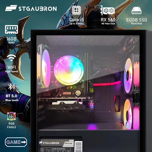 Miniatura 3 de STGAubron Computadora de escritorio para videojuegos, Intel Core i5 hasta 3.6G, Radeon RX 560 4G, 16G RAM, 512G SSD, WiFi 6, BT 5.0, ventilador RGB