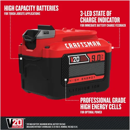 Miniatura 2 de Bateria de iones de litio CRAFTSMAN V20 para herramientas eléctricas, 9 Ah, indicador de carga LED (CMCB209)