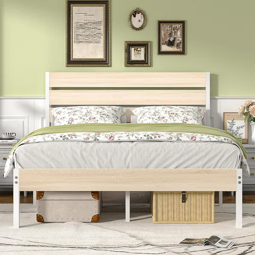 Miniatura 12 de VECELO Base de cama tamaño individual, plataforma de metal resistente con cabecera de madera, no necesita somier, color marrón antiguo