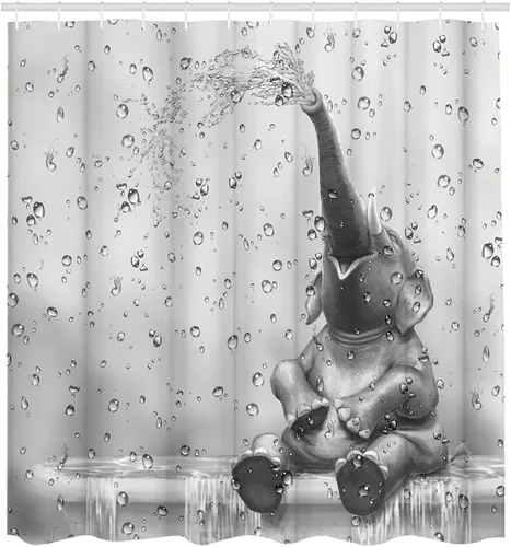 Cortina de ducha de elefante africano, divertida cortina de baño con diseño de elefante, lindo animal salvaje sobre fondo de gota de lluvia, juego