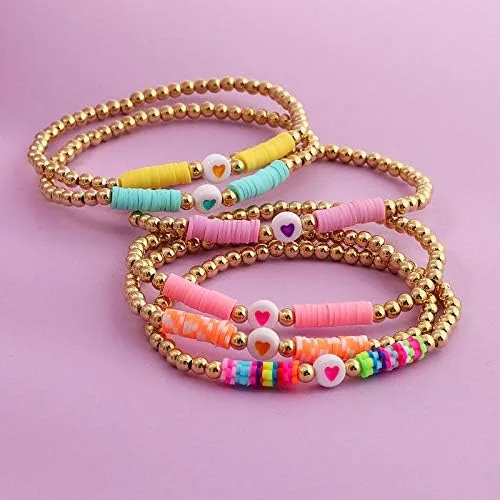 Miniatura 3 de COLORFUL BLING Paquete de 6 pulseras de cuentas doradas con diseño de bola de disco de vinilo arcoíris para mujeres y niñas