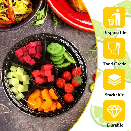 Miniatura 4 de Paquete de 12 bandejas de plástico para aperitivos con tapa, bandeja desechable transparente dividida para servir, 6 recipientes de almacenamiento