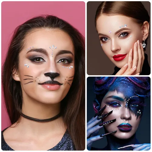 Miniatura 6 de OIIKI 6 hojas de gemas faciales – Joyas de corazón, ojos acrílicos de luna de cristal, diamantes de imitación redondos de Halloween, calcomanías