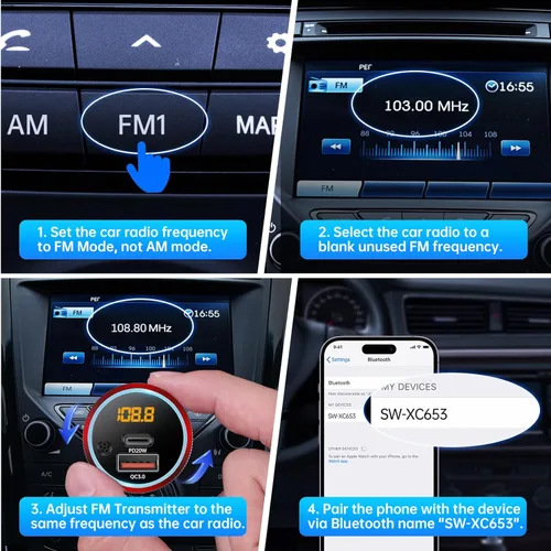 Miniatura 7 de Syncwire Transmisor FM Bluetooth 5.4 para coche, 38 W PD y QC3.0 Dual USB Carga Bluetooth Adaptador de coche Micrófono y sonido de graves MP3 Negro