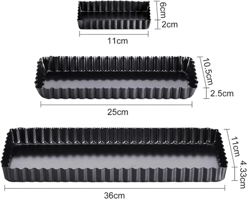 Miniatura 2 de Boao 3 sartenes rectangulares para quiche de 14, 10 y 4 pulgadas, antiadherentes, con parte inferior suelta extraíble, bordes acanalados para tartas