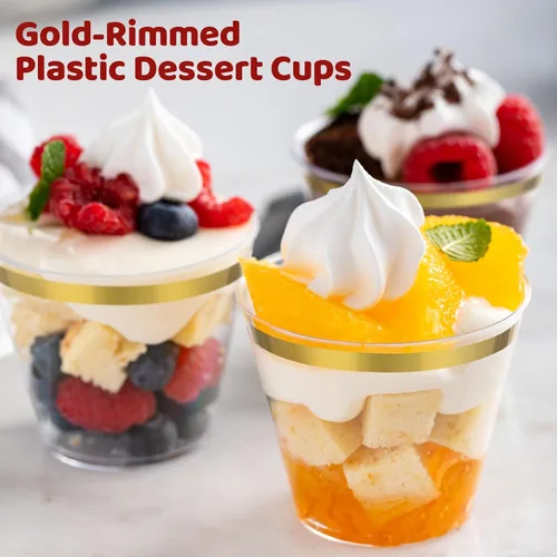 Miniatura 3 de Jinei 50 juegos de tazas de postre de plástico de 9 onzas con tapas de cúpula, cucharas de plástico transparente con borde dorado, vasos de frutas