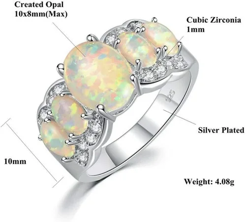 Miniatura 5 de CiNily - Anillo chapado en rodio con ópalo de fuego blanco para mujer, talla 5 12