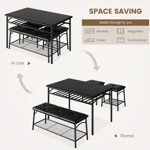 Miniatura 9 de IDEALHOUSE Juego de 4 mesas de comedor para 4, mesa de cocina con banco de comedor tapizado y taburetes cuadrados, juego de comedor para 4 personas