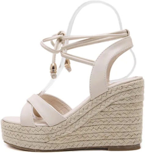 Miniatura 2 de MAKEGSI Womens Jute-rope Middle Wedge Heel Summer Shoes Flip Sandals Lace Up