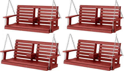 Miniatura 56 de KINGYES Columpio colgante para porche al aire libre, silla de columpio de patio de 2 asientos con portavasos, banco impermeable para patio y jardín