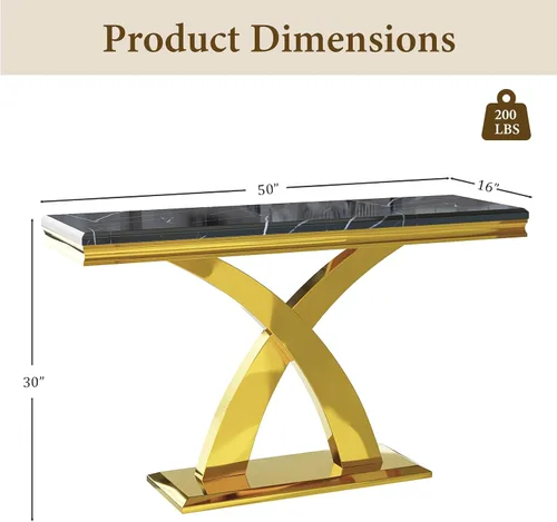 Miniatura 2 de AUZ Mesa consola dorada, mesa rectangular de 50 pulgadas, mesa de entrada de lujo con base en X de metal pulido para sala de estar, pasillo, Negro