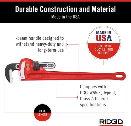 Miniatura 6 de RIDGID 31030 - Llave de tubería recta de servicio pesado, llave de fontanería resistente de 24 pulgadas con hilos autolimpiantes y mordazas