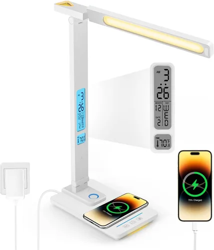 LAOPAO Lámpara de escritorio LED con cargador inalámbrico: lámparas de escritorio para oficina en casa, dormitorio, 5 modos de color y brillo