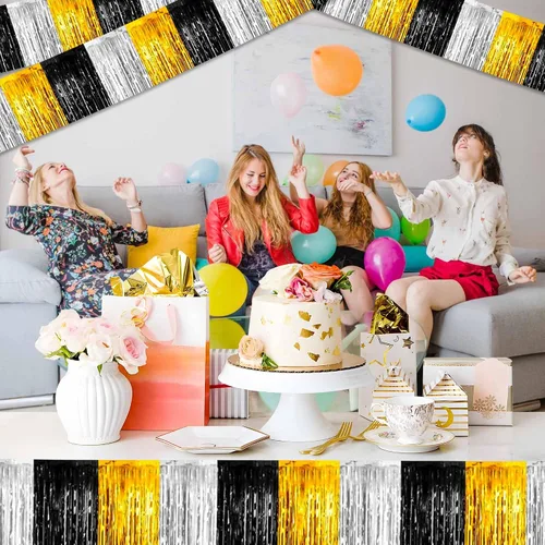 Miniatura 4 de Paquete de 3 guirnaldas de flecos de papel de aluminio negro dorado plateado de 10 pies con serpentinas metálicas de oropel para colgar en la pared